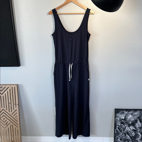 Vuori Falls Henley Waist Tie Dark Heathered Blue Wide Leg Jumpsuit Romper, Med - Picture 4 of 7
